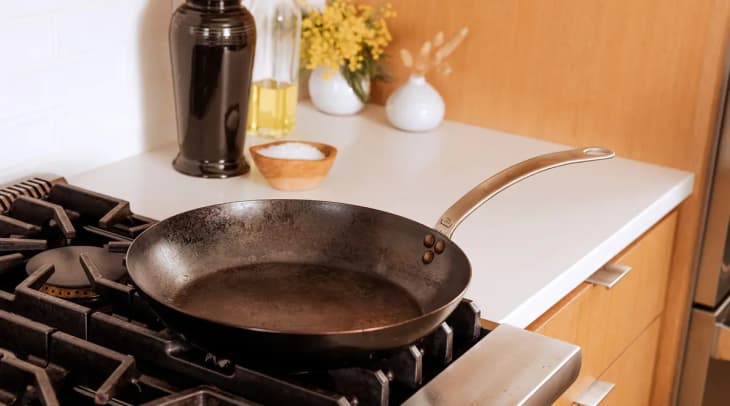 Blue Carbon Steel Frying Pan lifestyle on stovetop