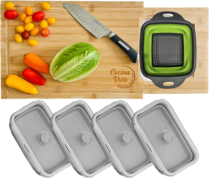 Product Image: Cocina Vida Bamboo Cutting Board with Collapsible Containers and Strainer