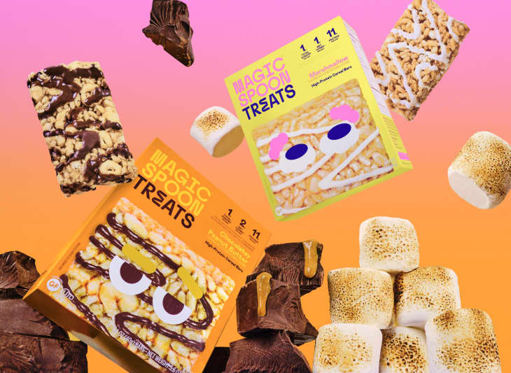 two boxes of Marshmallow Cereal Treats against orange and pink background