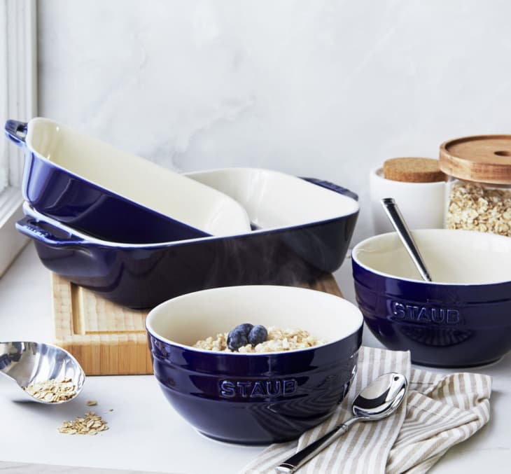 white and blue Ceramic 4-Piece Baking and Bowl Set