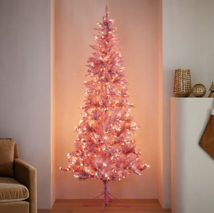 pink Christmas tree with lights
