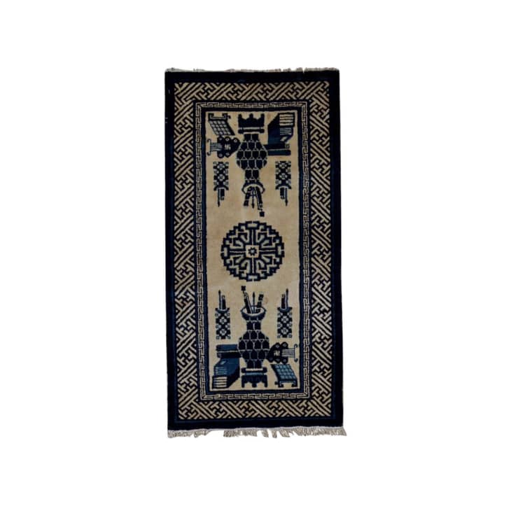 Traditional Handwoven Antique Peking Chinese Wool Ivory / Navy Rug at 1stDibs