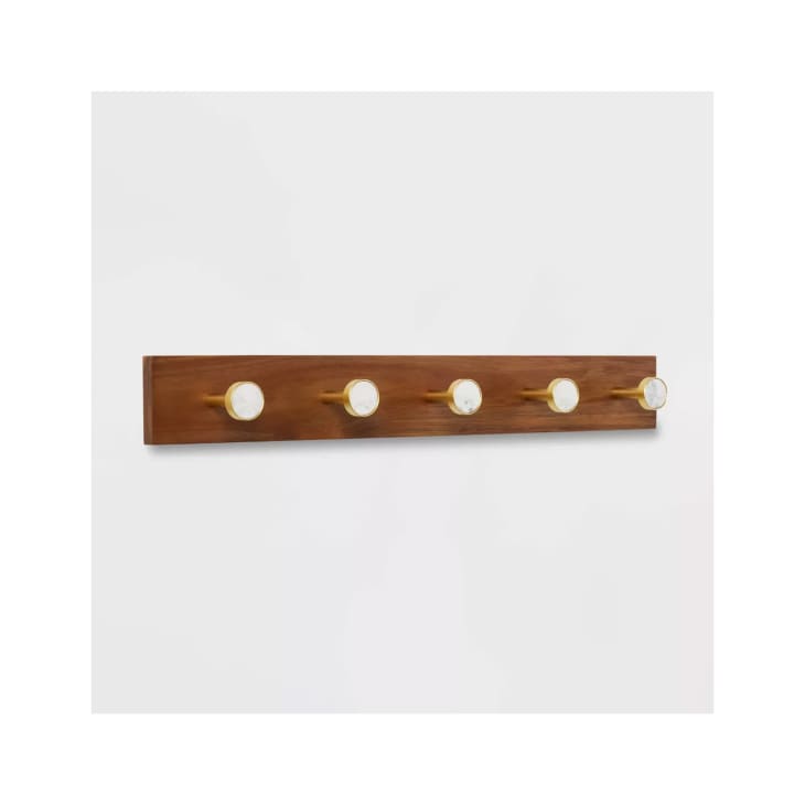 Threshold Metal and Faux Marble 5 Gold Hooks Rail on Acacia Wood at Target