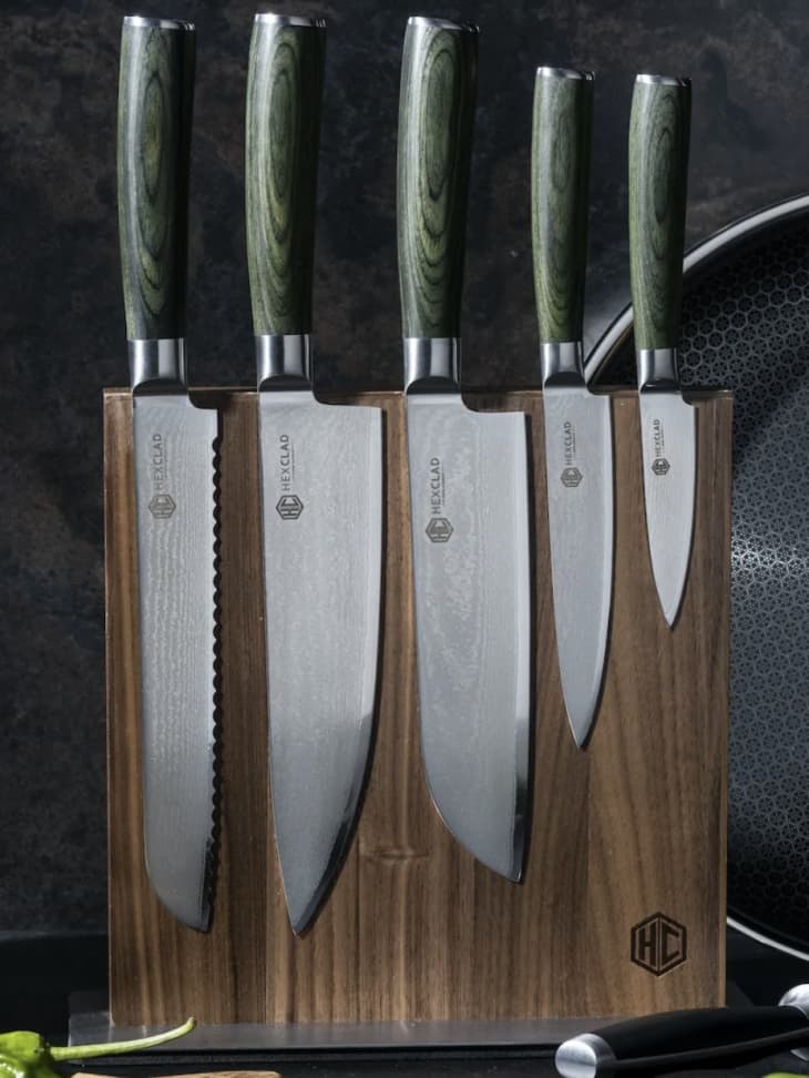 6pc Japanese Damascus Steel Knife Set w/ Magnetic Knife Block at Hexclad