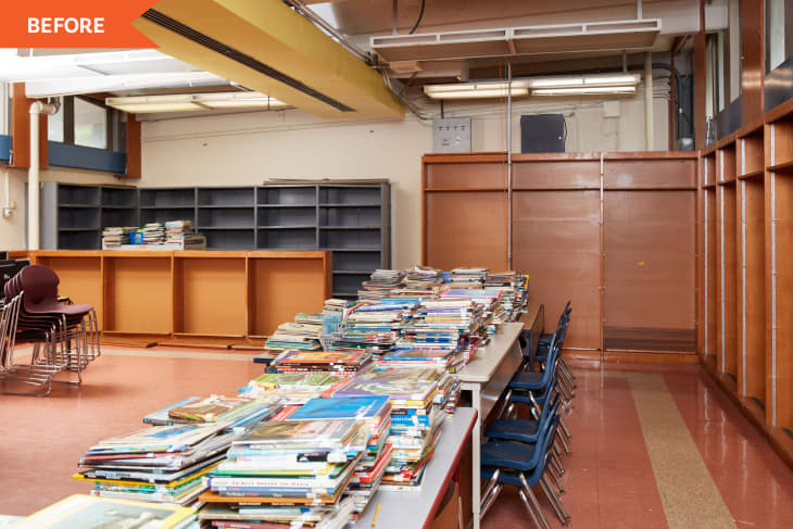 Interior shot of Henry Houston's School Library for the Paint It Forward paint makeover in partnership with Benjamin Moore. Books are removed from their shelves and chairs are stacked in the corner of the room.