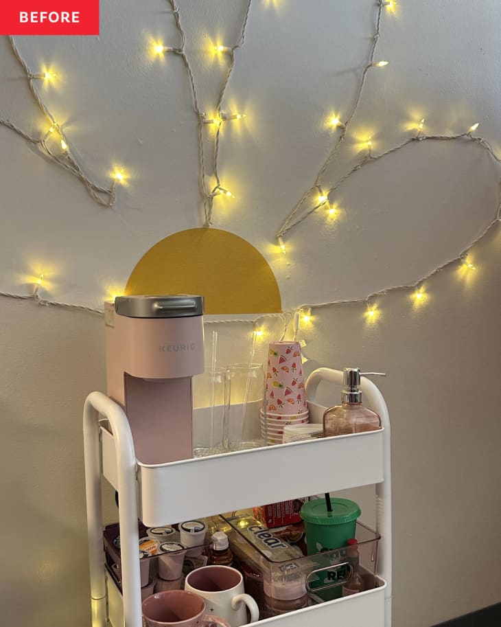 daisy shaped twinkle lights above white 3 tier rolling shelf with coffee supplies