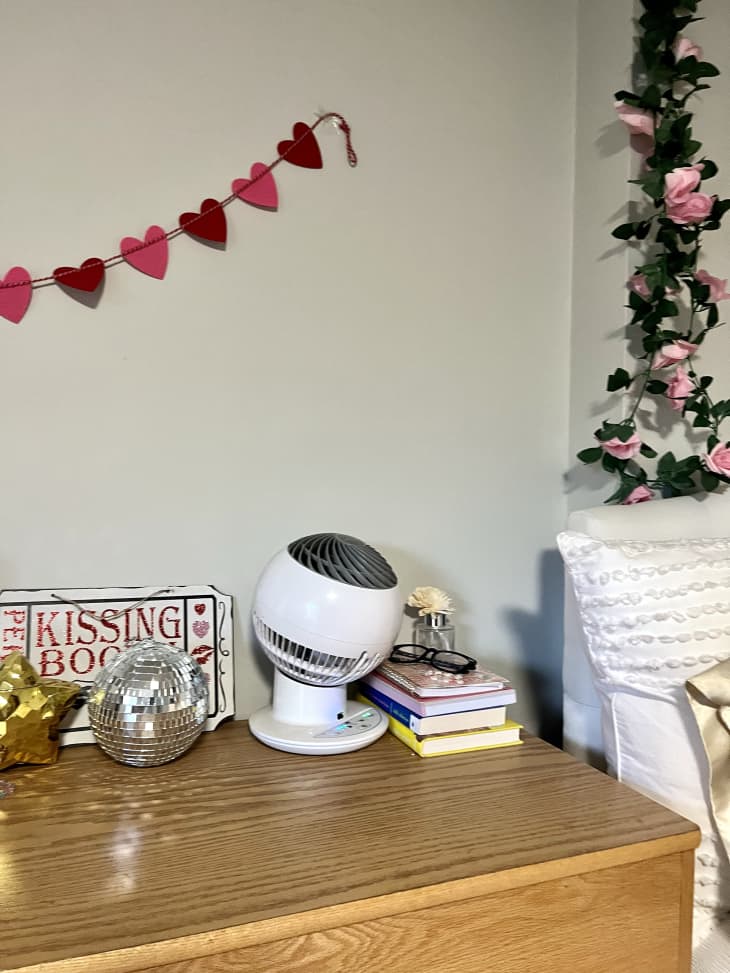 Dorm room with pale green walls, bed with pink and white bedding and throw pillows, faux pink roses and leaves hanging down walls, over bed, gallery wall by bed of pink and white art. Detail of dresser area with fan, small stack of books, heart garland on wall