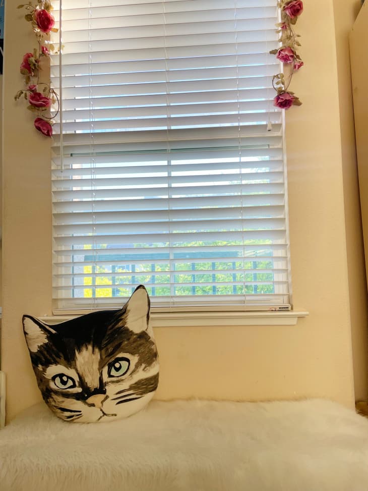 Decorative pillow in shape of cat head on seating area under window.