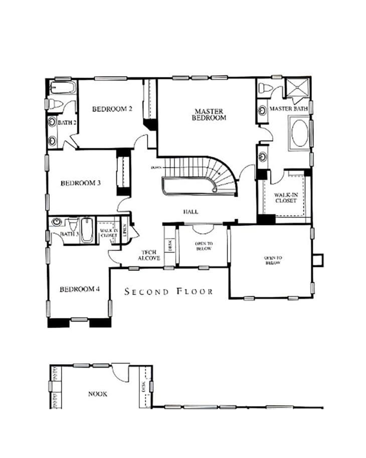 Second floor layout of large 4 bedroom home.