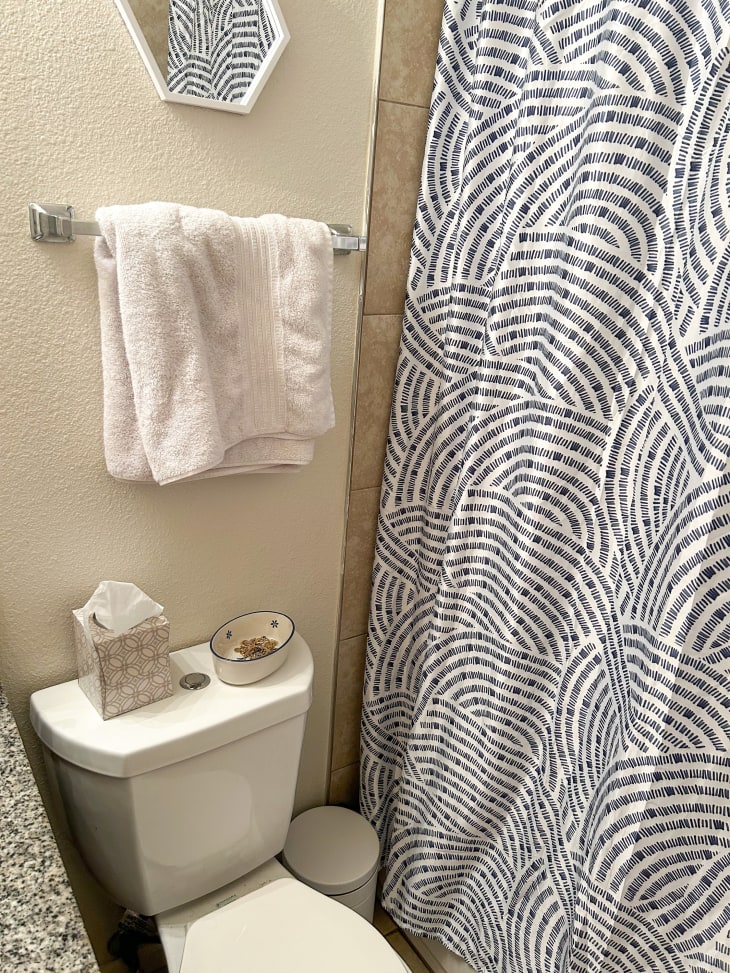 White bathroom with patterned shower curtain.