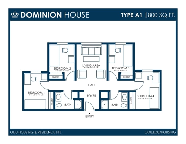 Floor plan of Old Dominion dorm room.