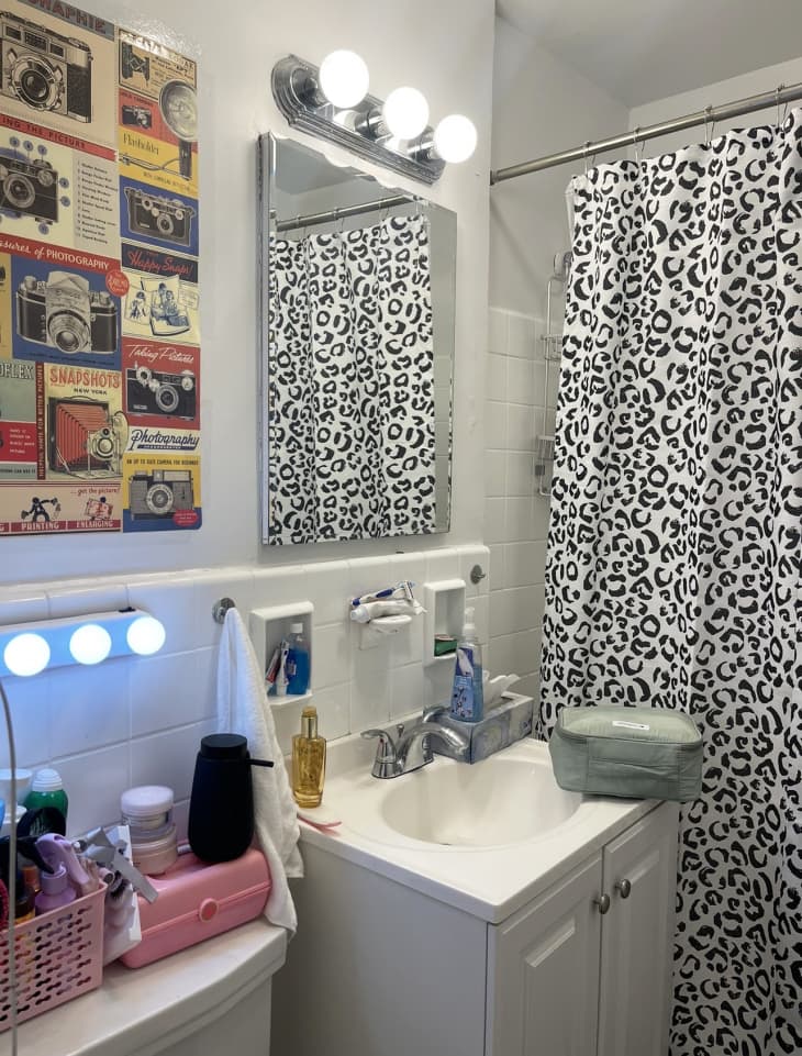 bathroom with black and white cheetah shower curtain, art, and grooming products in bins and kaboodles