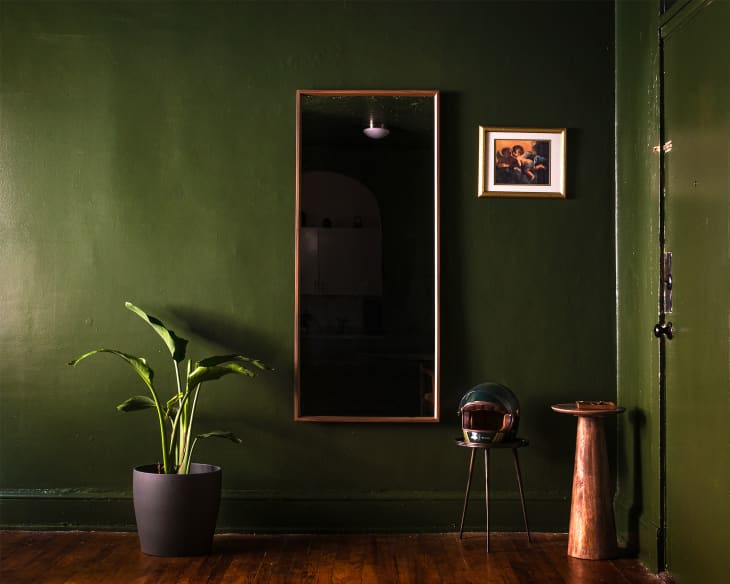 Green walls with full length mirror on wall, green door, floor plant, small entry table