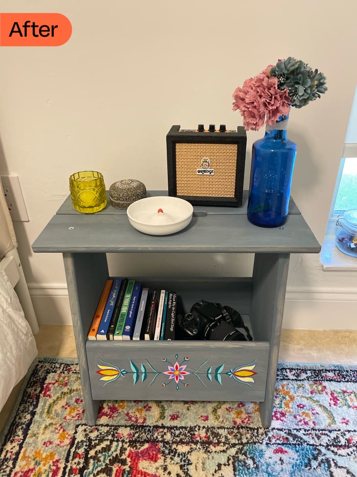 nightstand after being painted blue with floral designs