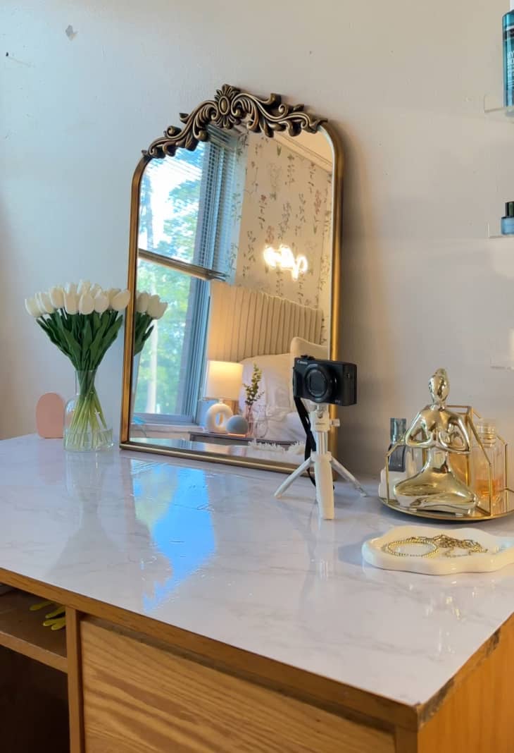 vanity table with mirror after using Glossy Marble Paper to cover a wood desk