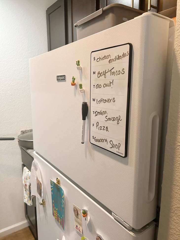 white fridge with meal planner dry erase meal planner