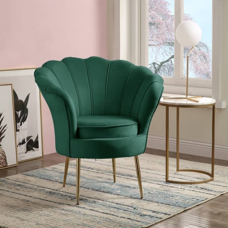Angelina Velvet Scalloped Back Barrel Accent Chair with Metal Legs at Overstock