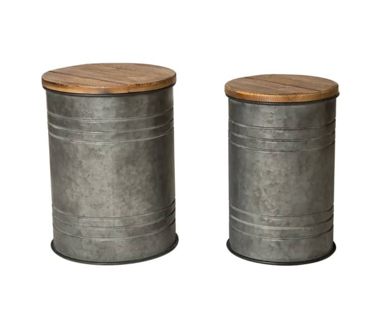 Galvanized Metal Storage Stool with Solid Wood Seat (Set of 2) at Home Depot