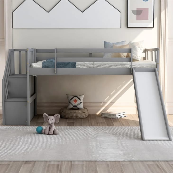 Product Image: Merax Twin Low Loft Bed with Slide and Storage Staircase