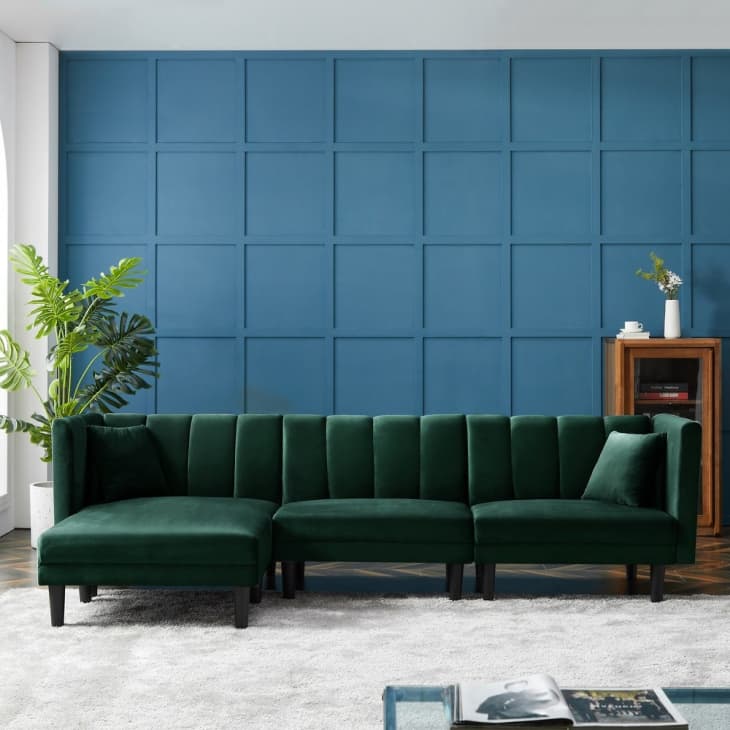 Green Velvet Reversible Sectional Sofa Sleeper at Overstock