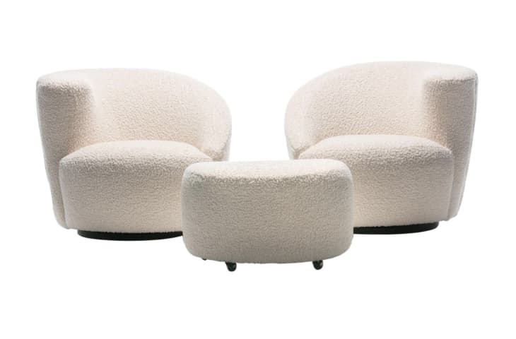 Product Image: Pair of Vladimir Kagan Nautilus Swivel Lounge Chairs and Ottoman in Ivory Bouclé