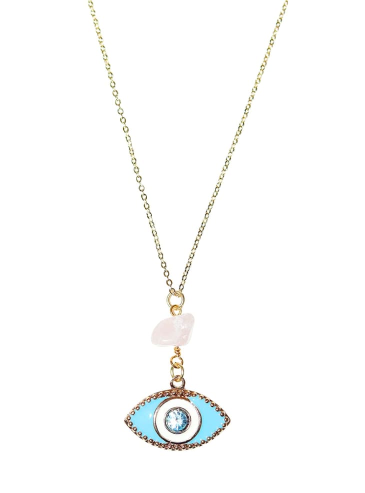 Evil Eye Pendant Necklace With Rose Quartz Chip 16" at Amazon