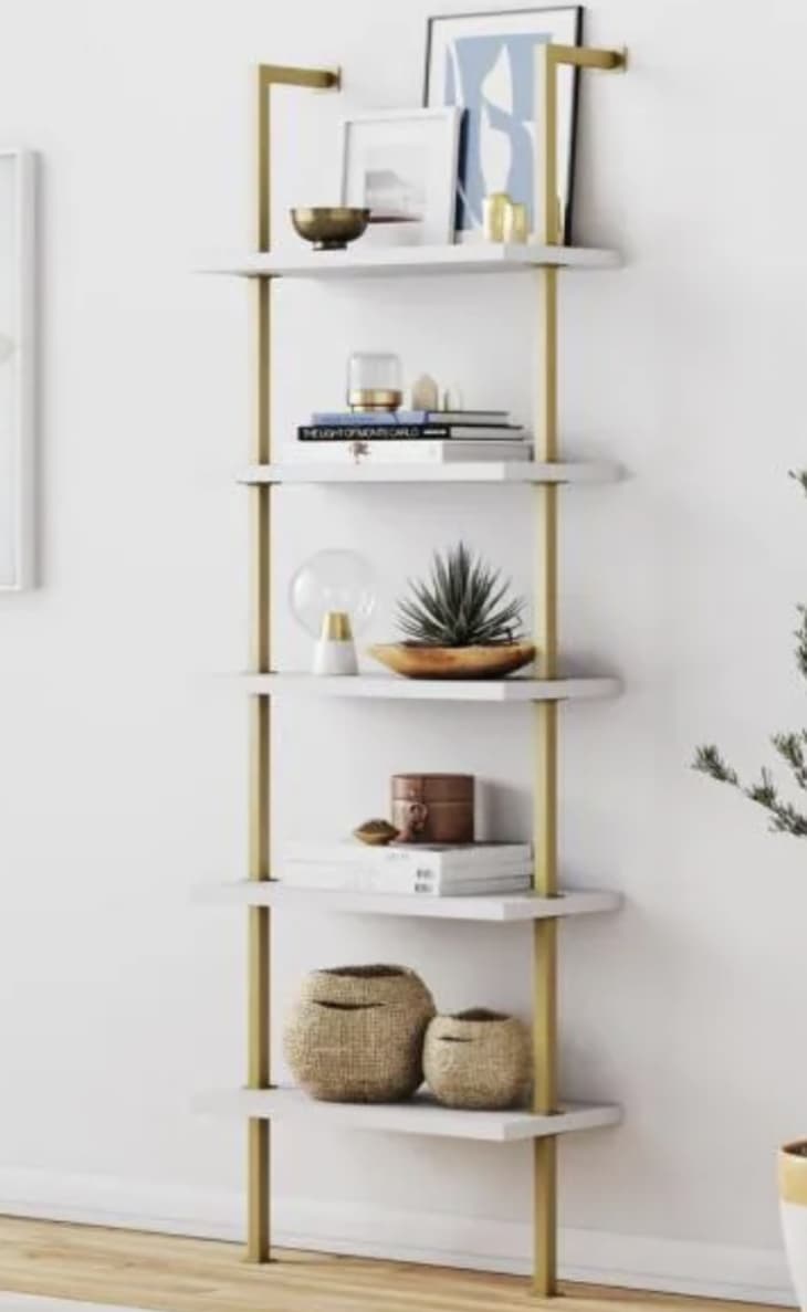 Theo White 5-Shelf Ladder Bookcase or Bookshelf with Gold Metal Frame at Home Depot