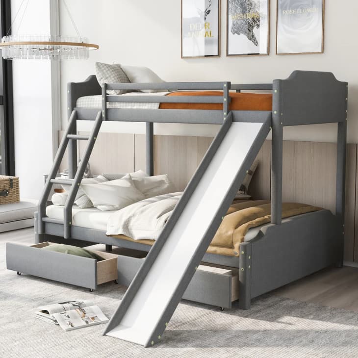 Product Image: Twin Over Full Upholstered Bunk Bed with Drawers and Slide
