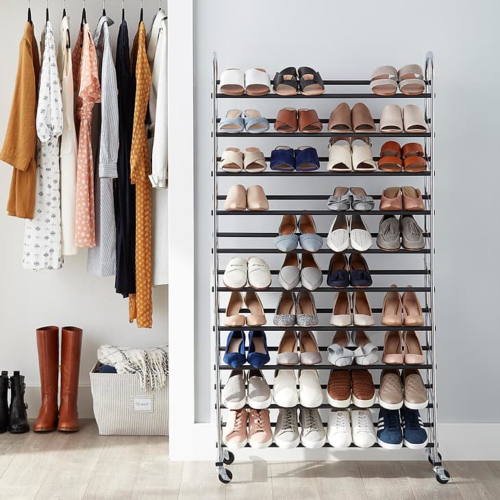 Chrome Metal 10-Tier Rolling Shoe Rack at The Container Store