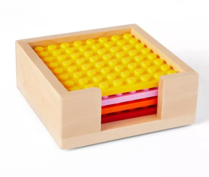 Product Image: 4pk Silicone Coaster Set with Wood Holder Yellow/Pink/Orange/Red - LEGO® Collection x Target