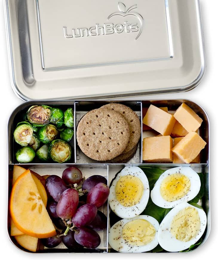 LunchBots stainless steel bento lunchbox with eggs cheese crackers and fruit