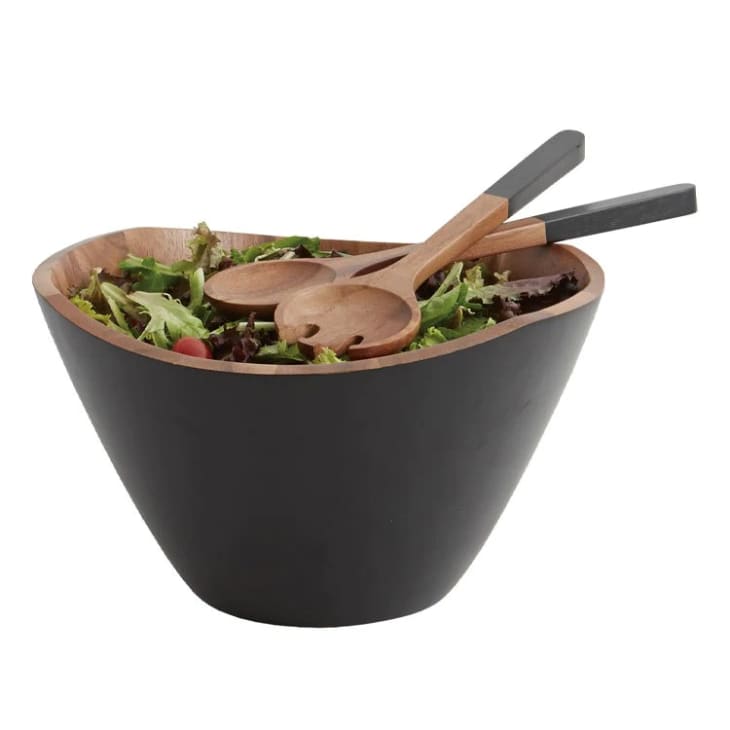 Onyx 12" Wood Salad Serving Bowl with Pair of Servers at Riverbend Home