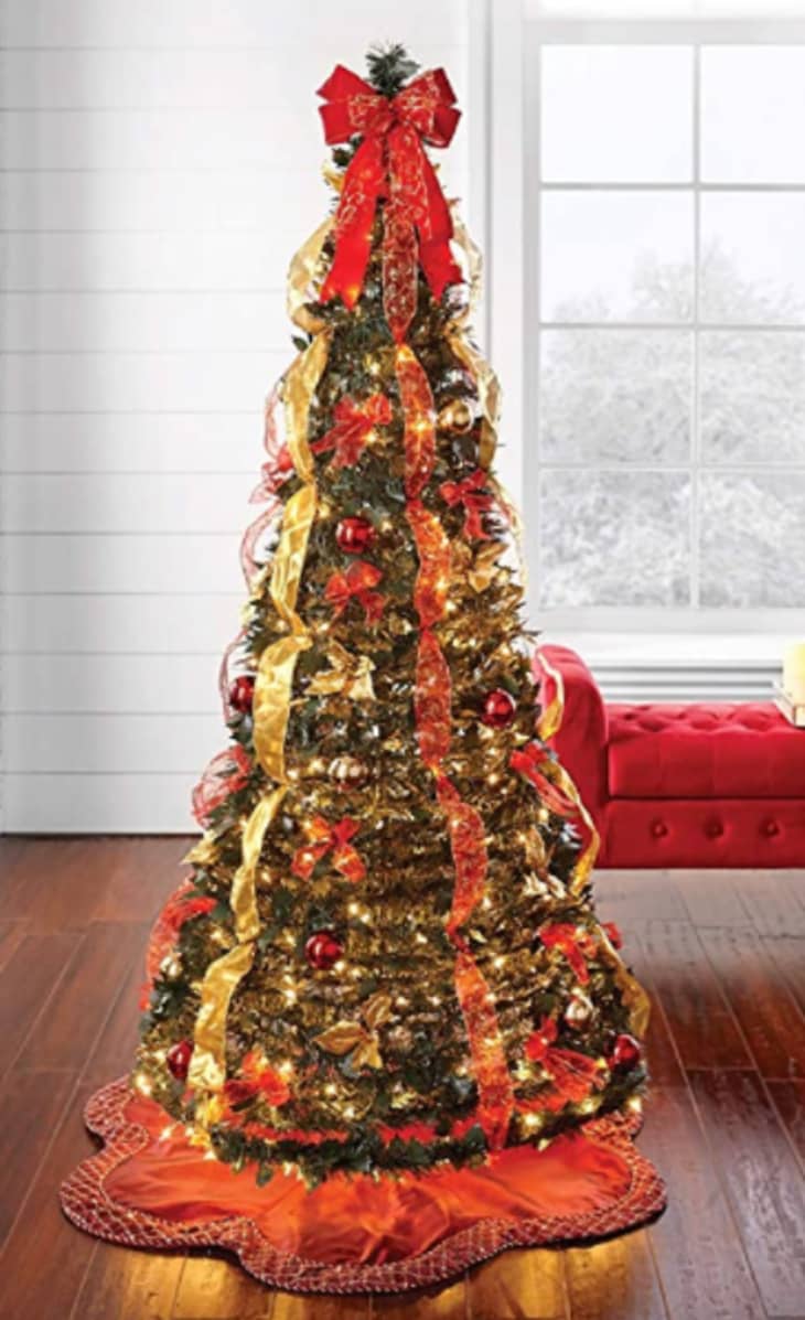 产品图片:布莱恩家完全装饰Pre-Lit 6英尺弹出圣诞树，红色的金子
