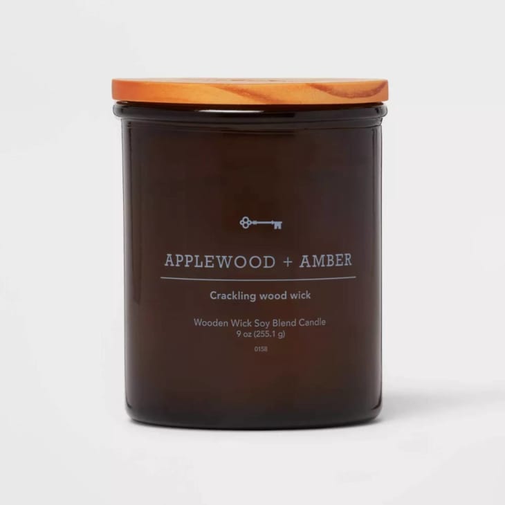 Product Image: Threshold Amber Glass Applewood + Amber Lidded Wood Wick Jar Candle