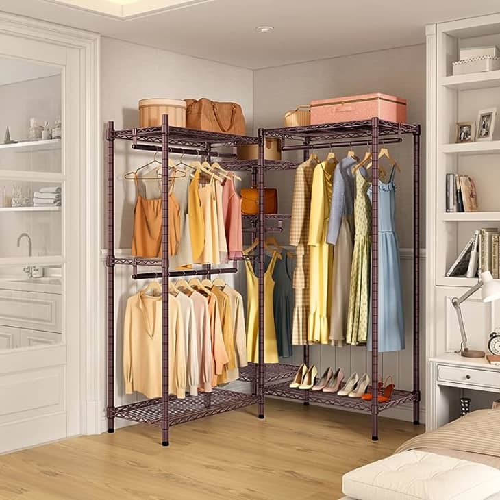 L-Shaped Clothes Rack, Corner Garment Rack with Storage Shelves