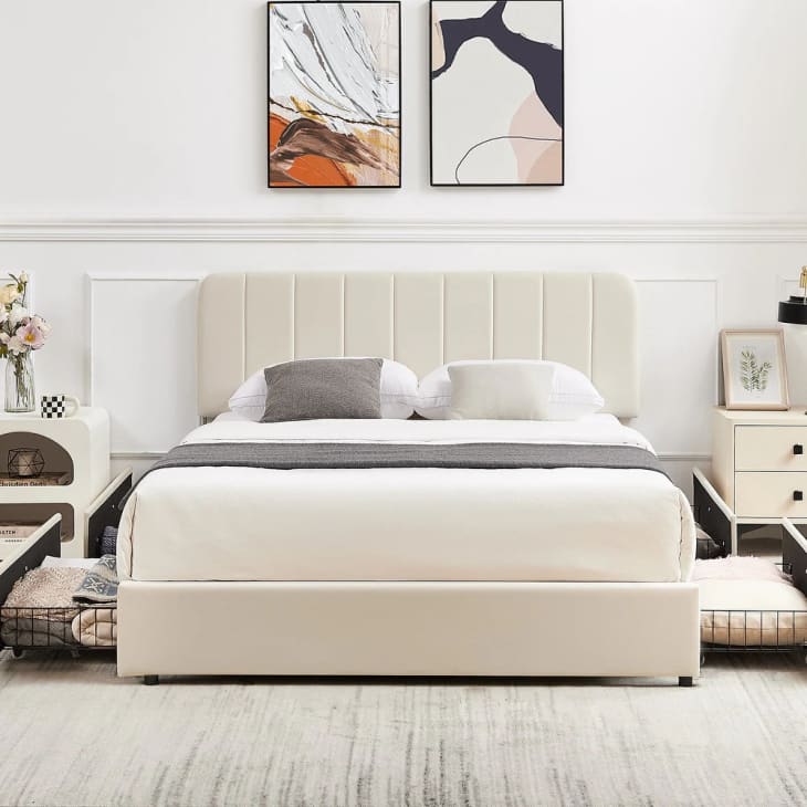 Challene queen upholstered bed top with 4 storage drawers