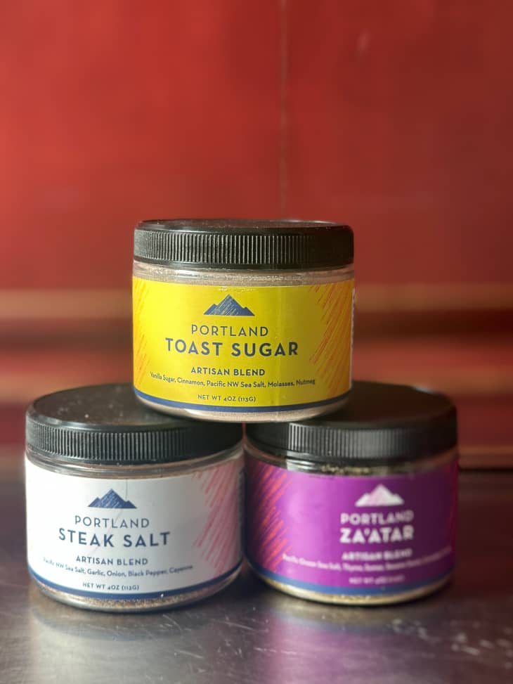 Three jars of Portland Toast Sugar, Steak Salt, and Za'atar Seasonings