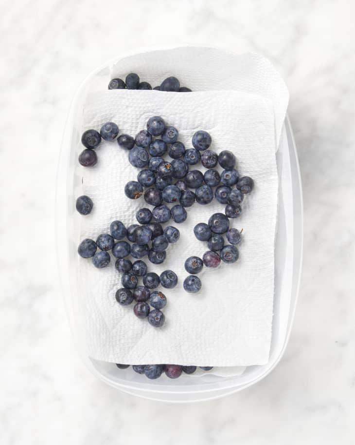 overhead shot of blueberries in a container with paper towel