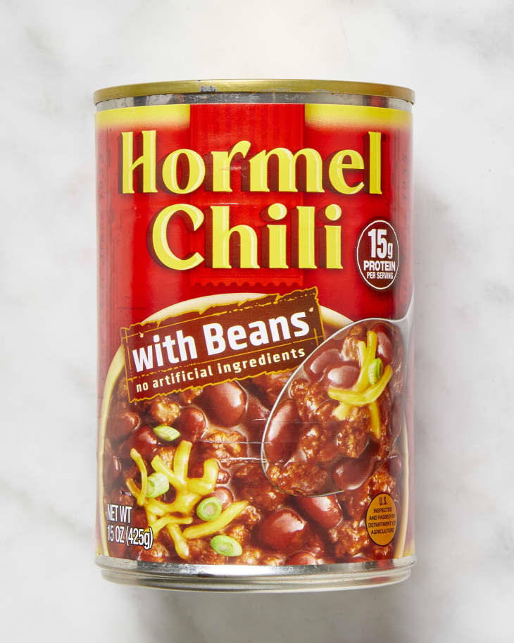 Can of hormel chili with beans.