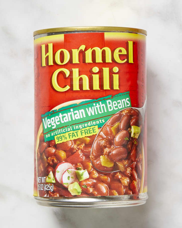 Can of hormel vegetarian chili with beans.