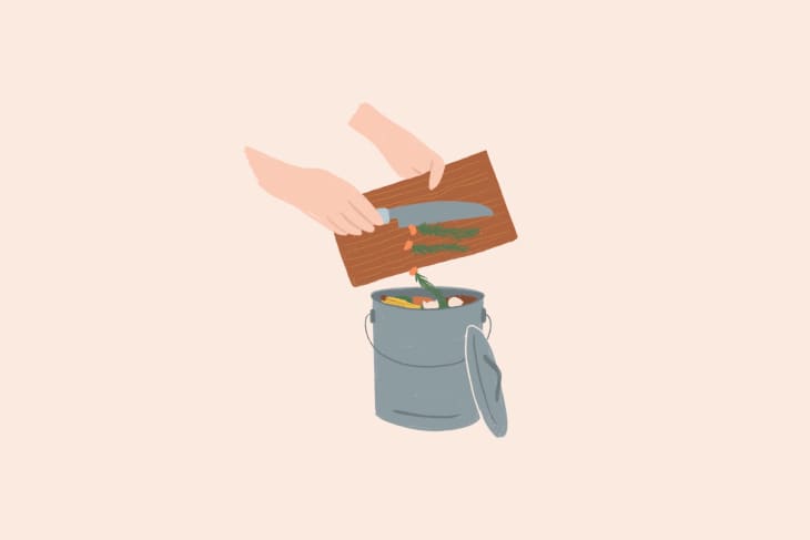 illustration of person scrapping carrot tops into compost bin