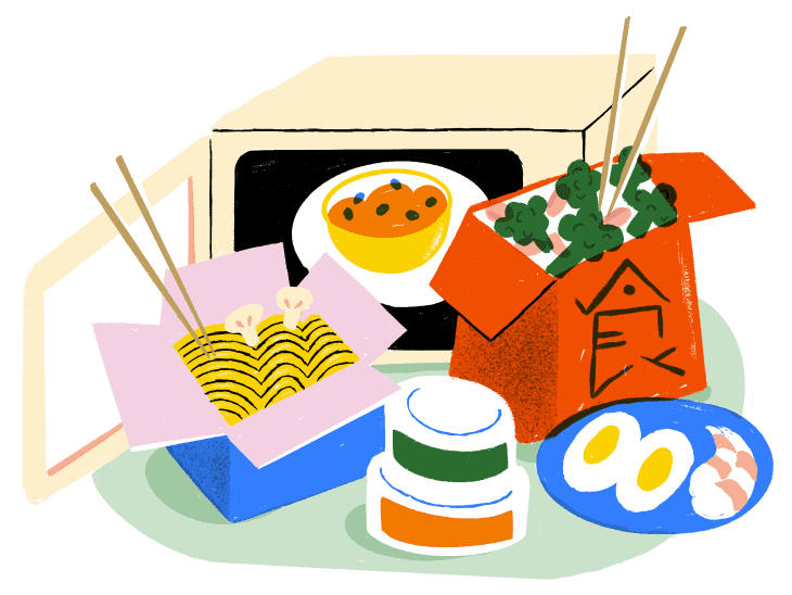 Illustration by Ellice Weaver of takeout boxes in front of a microwave.