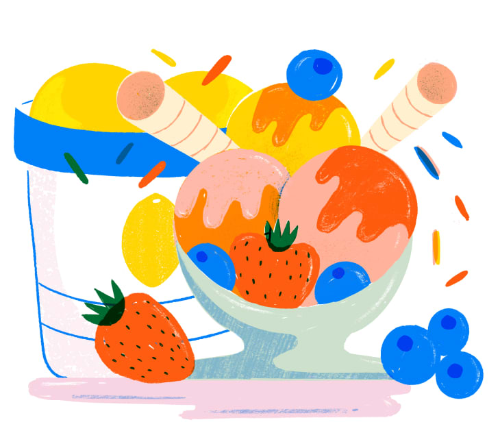 Illustration by Ellice Weaver of an ice cream sundae and tub of ice cream.