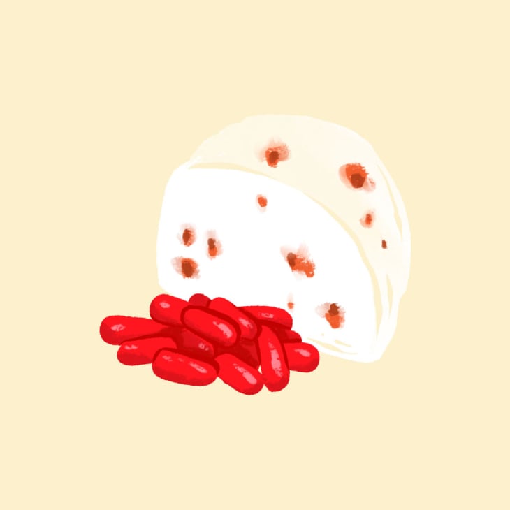 Illustration of strawberry goat cheese paired with hot tamales candies.