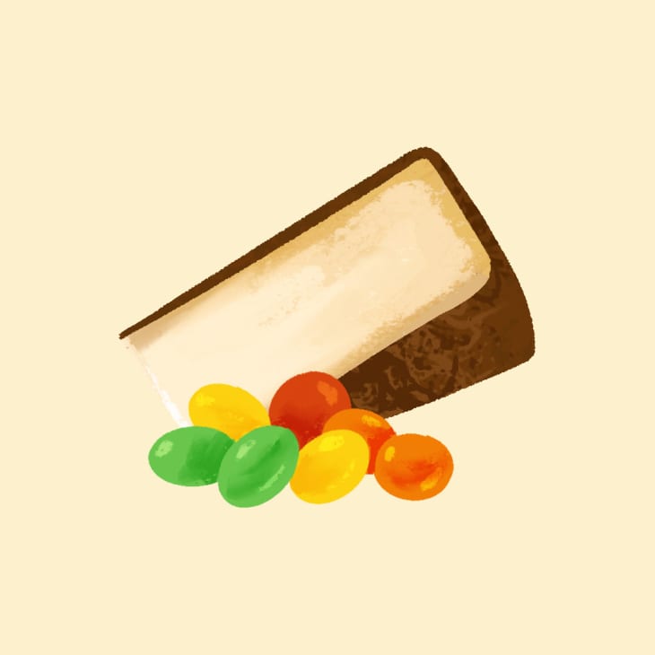 Illustration of tarnetaise cheese paired with Skittles candy.