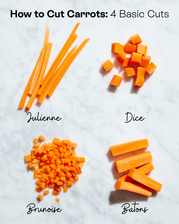 Graphic showing 4 different ways to cut carrots.