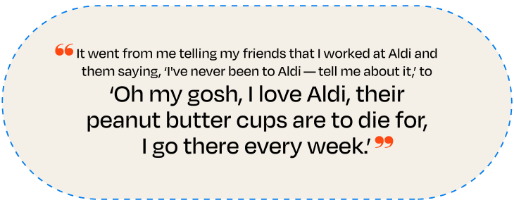 Quote: It went from me telling my friends that I worked at Aldi and them saying, ‘I've never been to Aldi — tell me about it.’ to ‘Oh my gosh, I love Aldi, their peanut butter cups are to die for, I go there every week.