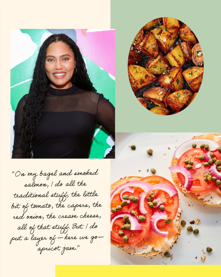 graphic with Ayesha Curry and a quote shown with crispy skillet potatoes and lox bagels