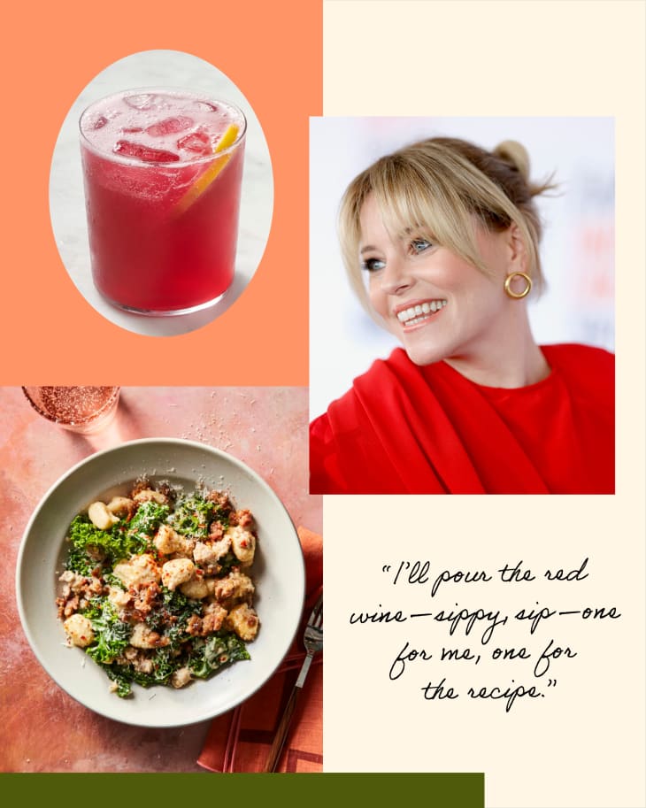 graphic showing Elizabeth Banks and a quote with a glass of tinte de verano and a bowl of gnocchi with Boursin, sausage, and kale