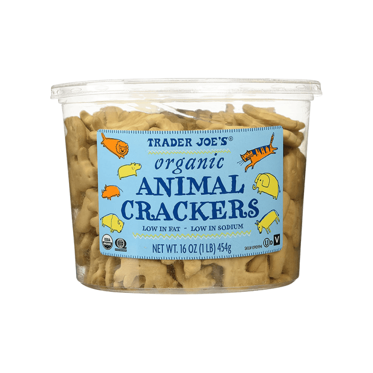 A plastic box of Trader Joe's Organic Animal Crackers